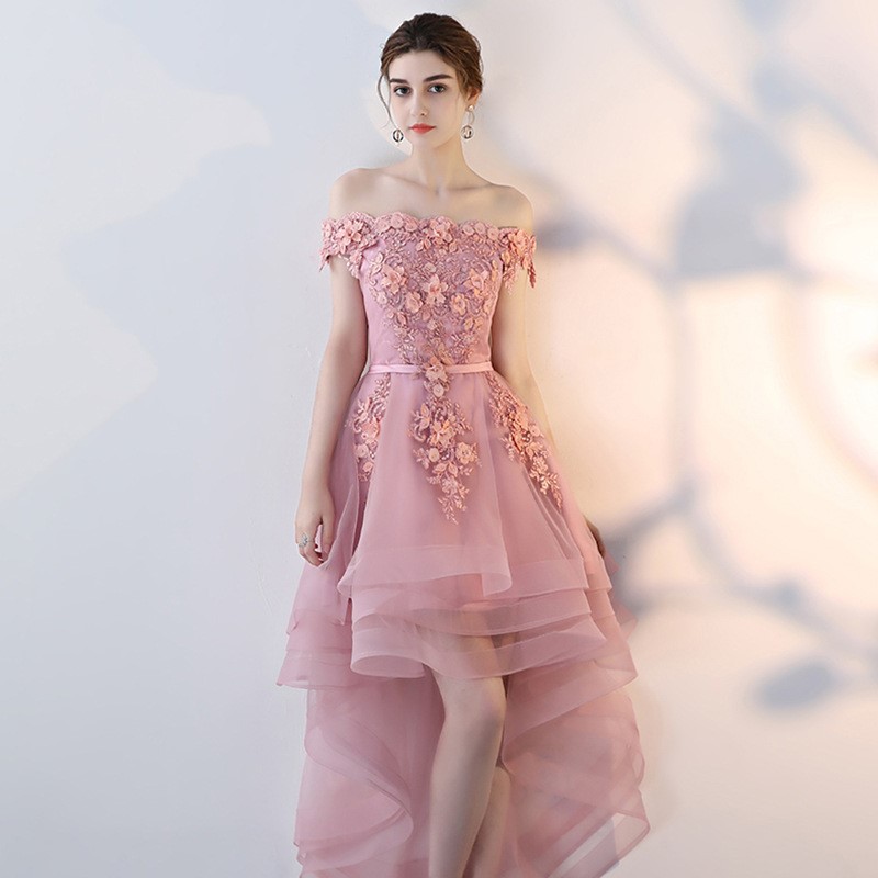 一字肩燕尾粉色仙仙裙女2022新款晚礼服系腰蓬蓬显瘦气质毕业礼服