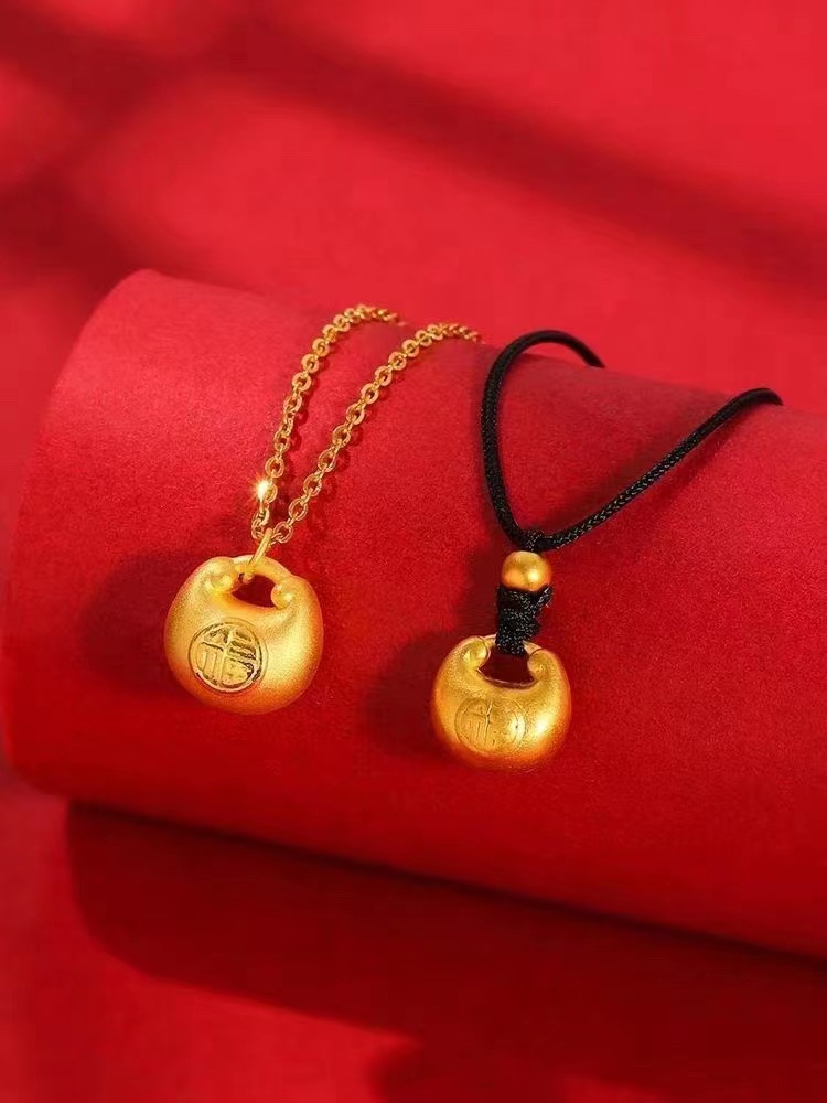 黄金批发999足金胖福吊坠福字锁包黄金项链送女友闺蜜小孩满礼物