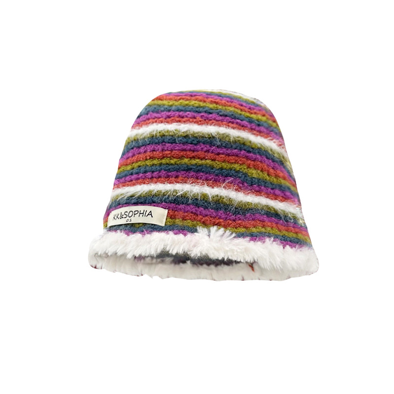 Women's Elegant Handmade Striped Color Matching Bucket Hat Autumn and Winter Color Plush Fisherman Hat Knitted Wool Hat Makes Face Look Small