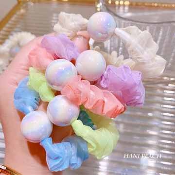 5244唯美梦幻人鱼姬渐变彩珠网纱大肠发圈甜味少女扎发头绳头饰