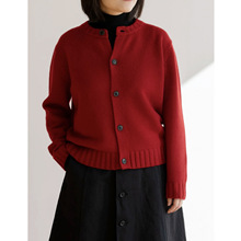 可以叠穿的复古红色针织开衫女md风春秋新款圆领羊毛混纺上衣外套