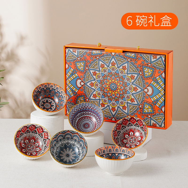 Bohemian Style Ceramic Bowl Plate Spoon Cutlery Gift Box Movable Hand Mixing Gift Ceramic Tableware