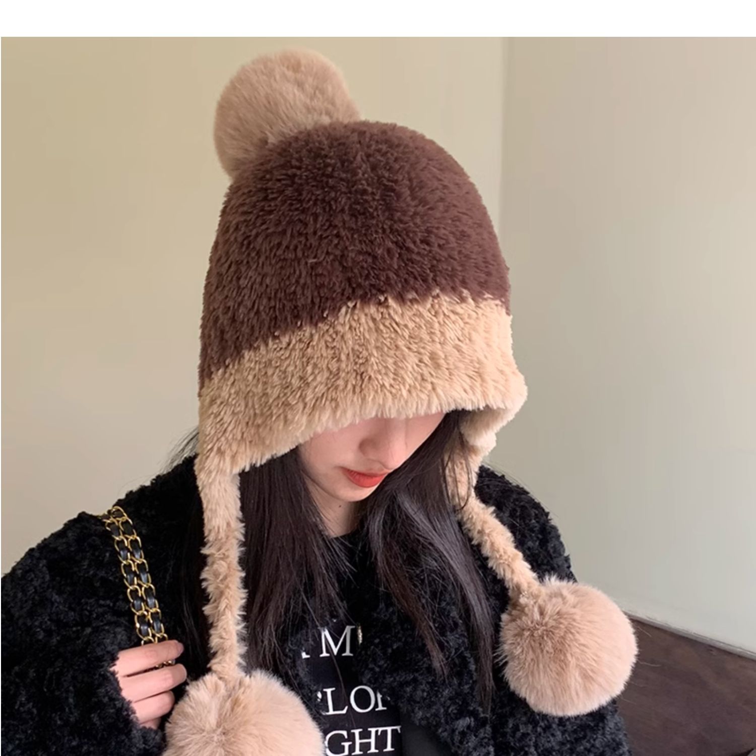 plush ushanka children's autumn and winter new fleece-lined thickened knitting hanging ball woolen cap warm ear protection knitted hat