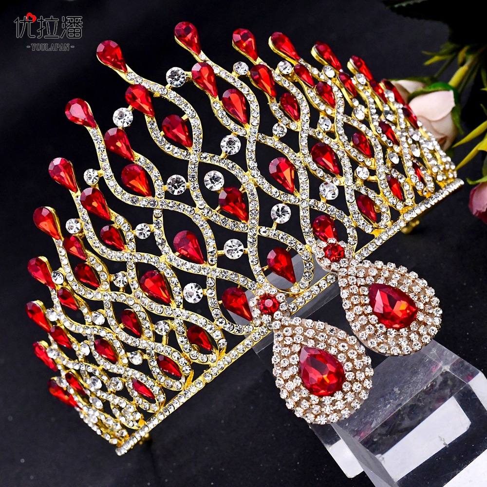 优拉潘 新娘大皇冠婚纱2021新款头饰 合金复古彩色水钻王冠 hp370