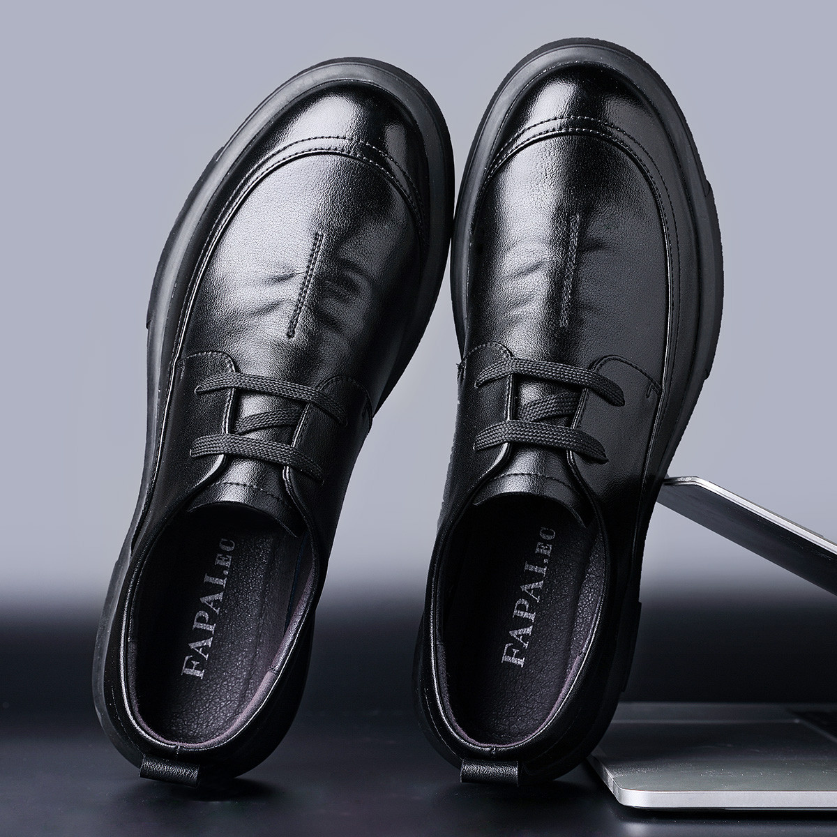 英伦风黑色西装皮鞋大头鞋男宽头二层牛皮真皮休闲鞋子商务正装鞋-阿
