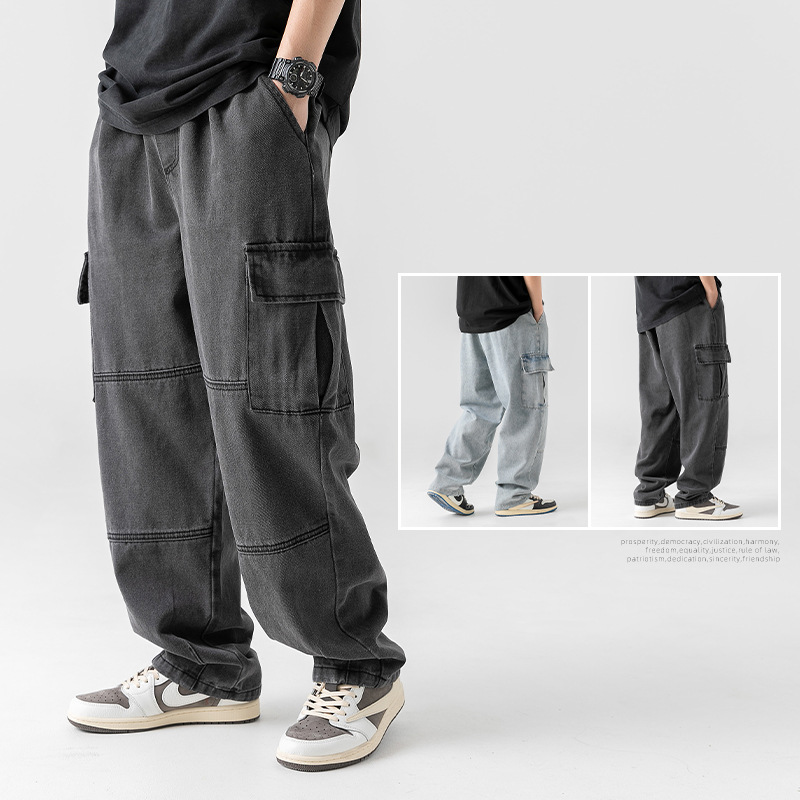 Hanlu Japanese Style Men's Clothing Pairs of Three-Dimensional Pocket Jeans Spring New Retro Distressed Washed Overalls Men's Trousers