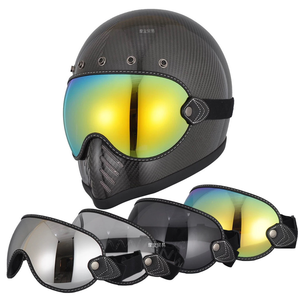 日夜通用绑带泡泡镜 3/4复古半盔全盔四季防雾护目镜头盔透明镜片