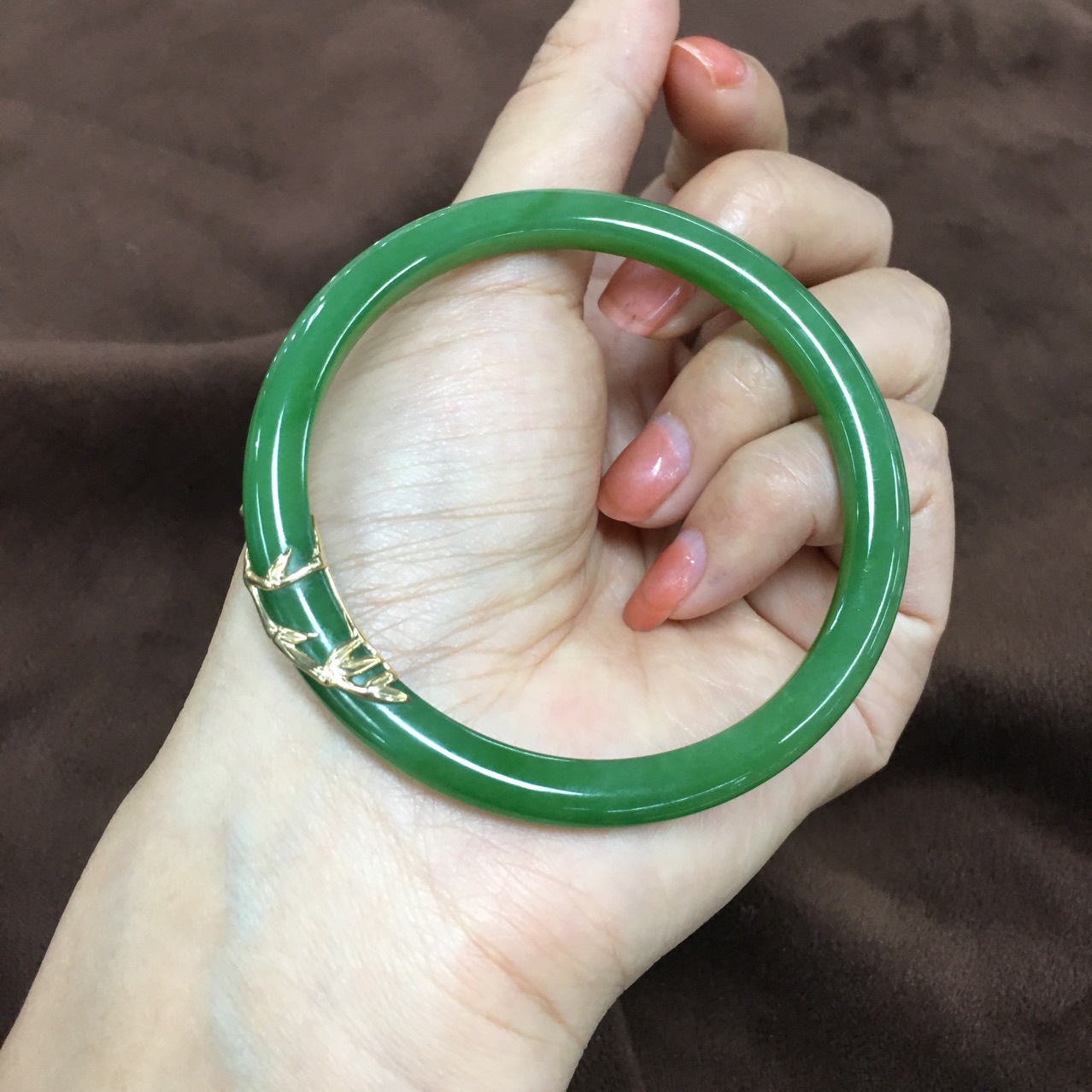 新疆和田玉优质碧玉阳绿色18k金镶富贵竹玉石手镯带证书终生保真