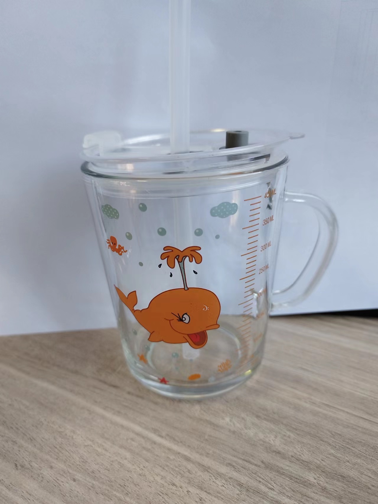 Cartoon Glass Cup Cup with Straw Household Children Milk Water Glass 400ml with Handle Scaled Cup Cup