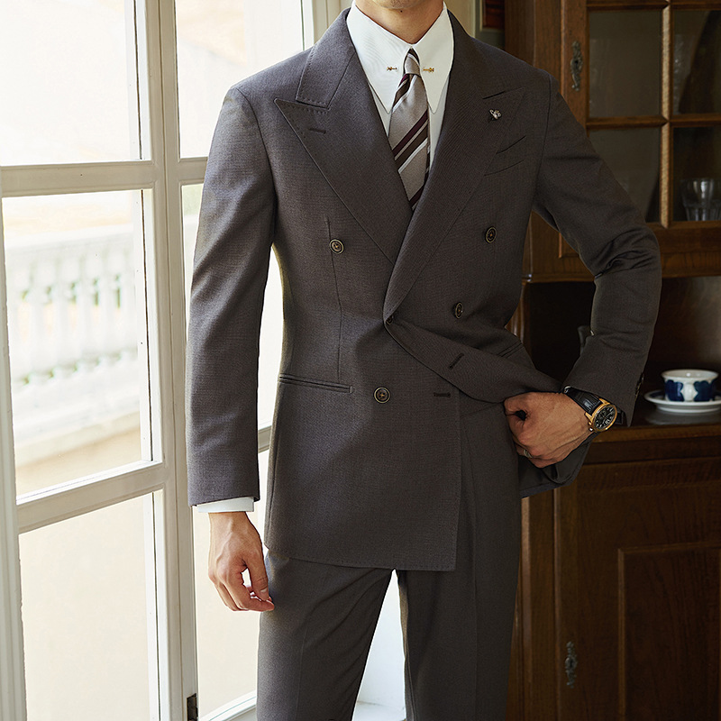 英伦绅装男士大领双排扣西装套装男式纯色大码商务宴会西服两件套