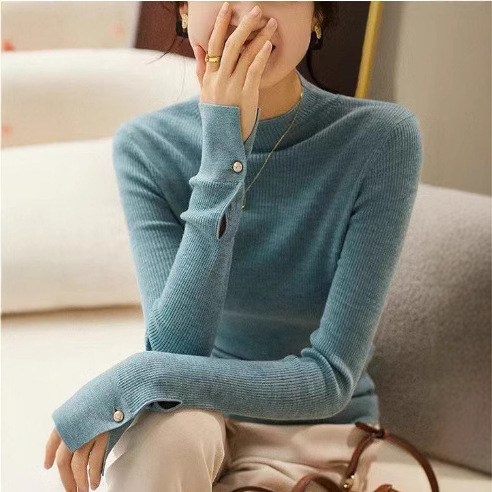 2024时髦感时尚洋气打底衫女春装长袖保暖别致修身半高领针织衫女