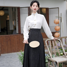 新中式国风衬衫通勤黑色马面裙上衣改良汉服日常衬衣套装两件套