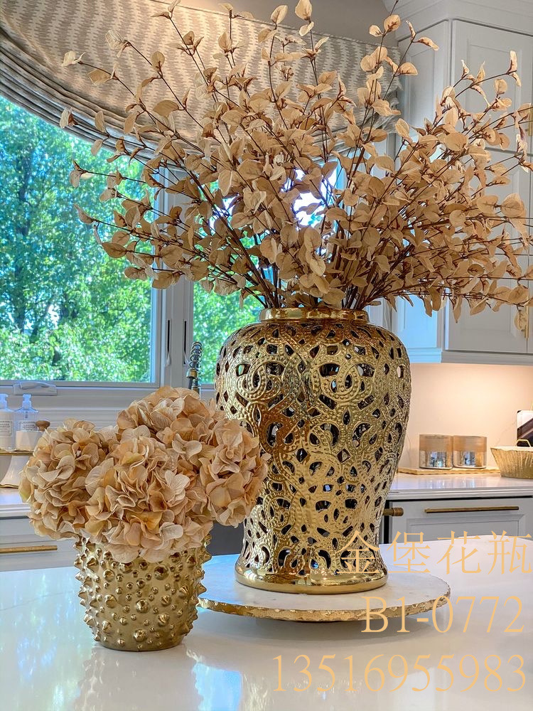 Light Luxury Metal Ceramic White Temple Jar Hollow Storage Jar Vase European Soft Decoration Living Room Crafts Ornaments
