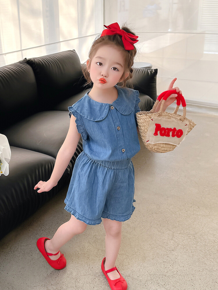 女童夏装套装2024新款儿童洋气时髦小女孩薄款短袖天丝牛仔两件套