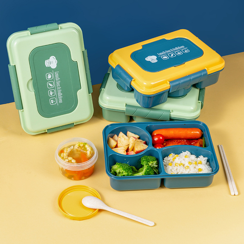 Korean Office Worker Plastic Lunch Box Microwaveable Heating Fast Food Box Insulation Compartment Student with Tableware Lunch Box