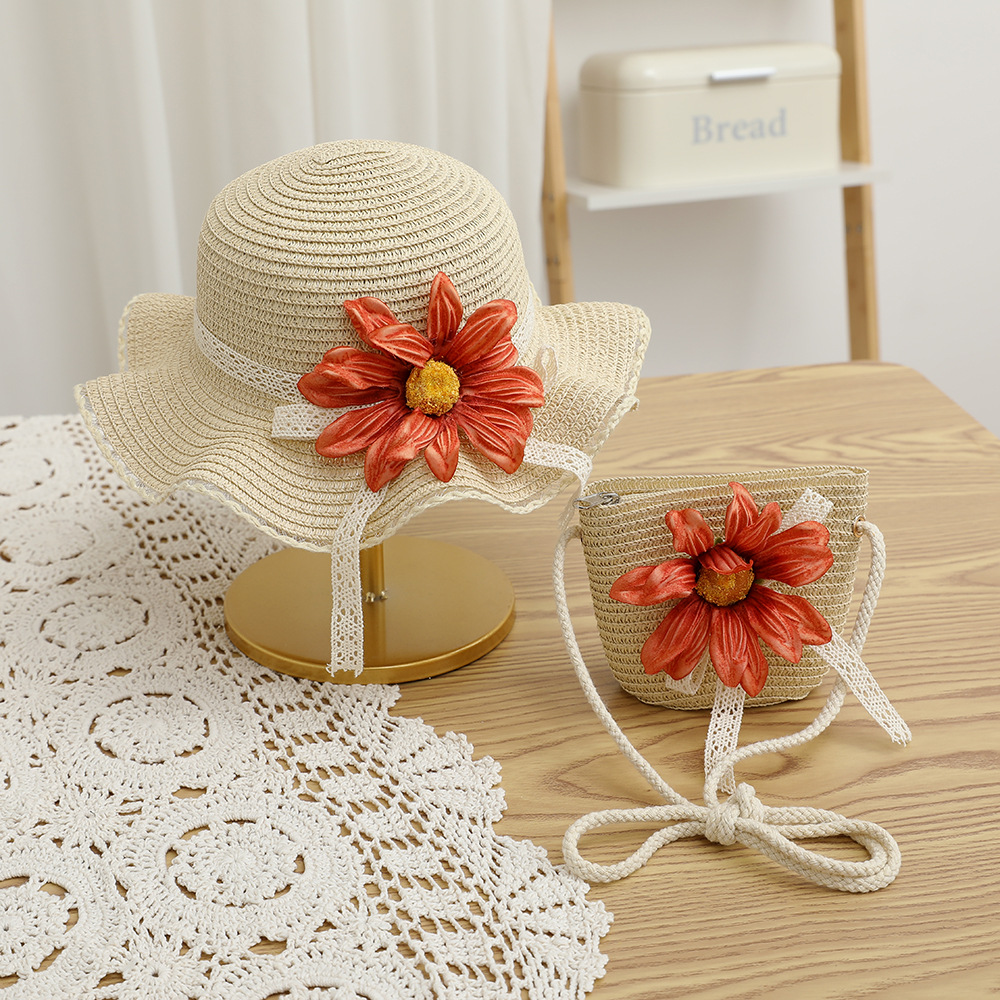 Summer Children's Sun Hat Straw Hat Girl's Big Brim Sun Hat Parent-Child Beach Hat Female Cool Hat Bag Set