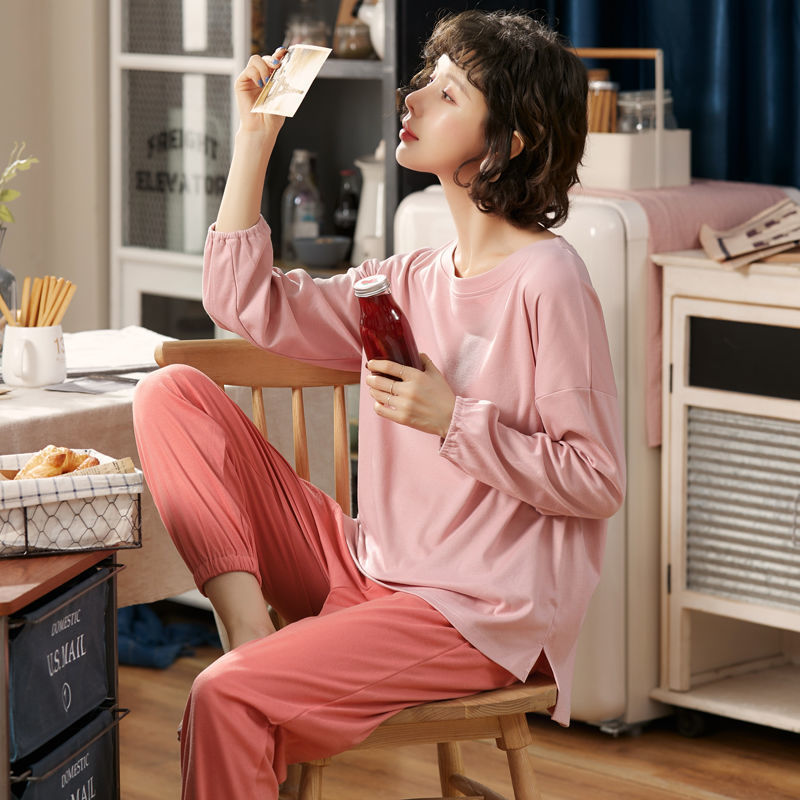 涤棉睡衣女春秋季长袖套装韩版甜美纯色可爱学生ins家居服可外穿