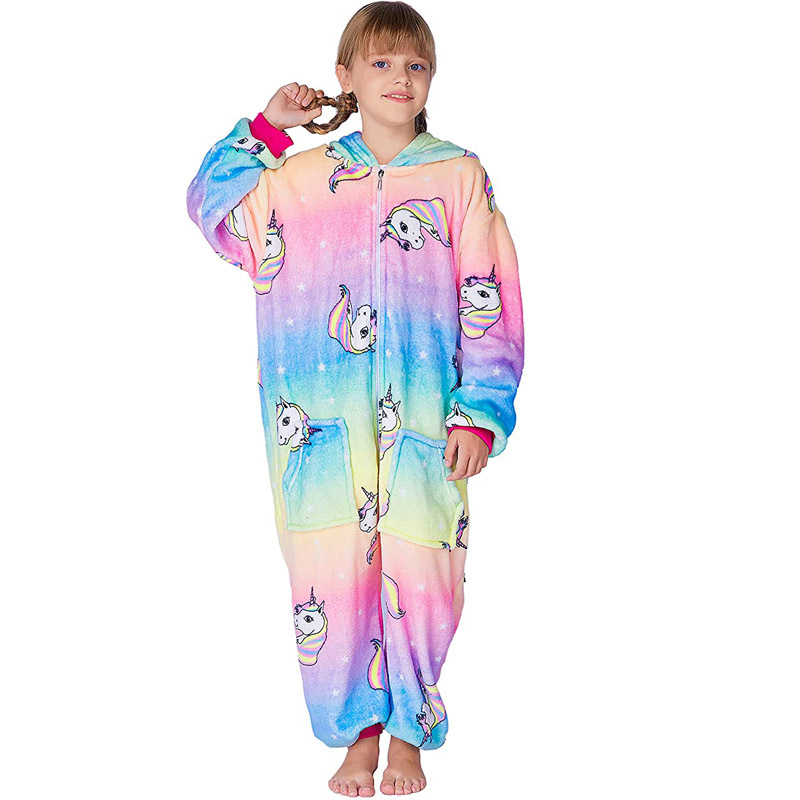 Flannel Cartoon Children's Pajamas Unicorn Warm Thickened Zipper Pajama Nightgown Long Sleeve Baby Jumpsuits