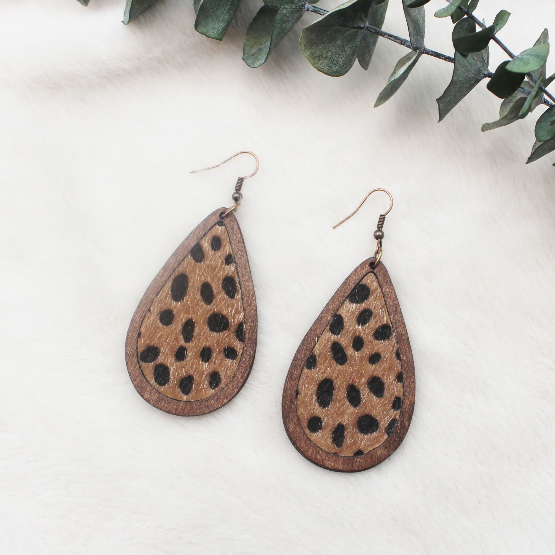 Wooden Wood Board Inlaid Leopard Print Leather Earrings Drop Earrings Amazon Europe and America Cross Border Vintage Horse Hair Earrings