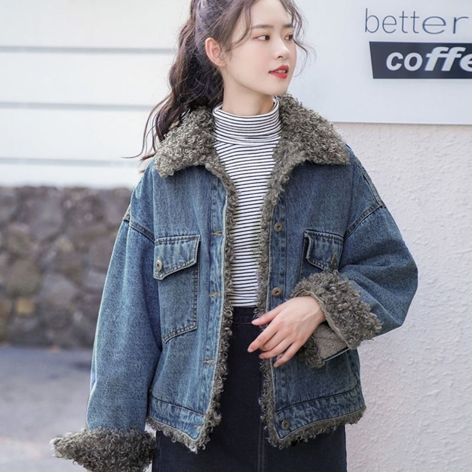短款牛仔棉服外套女2022冬季新款时尚保暖棉衣羊羔毛领加绒加厚款