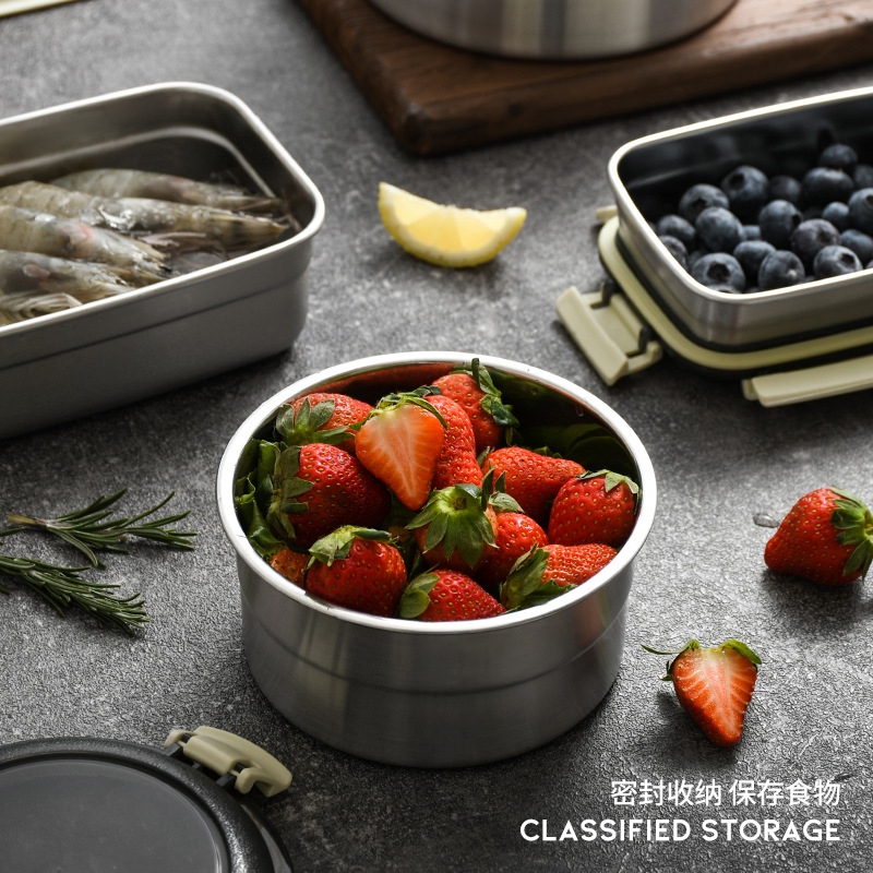 304 Stainless Steel round Square Crisper Food Grade Frozen Sealed Box Household Refrigerator Small Storage Box Lunch Box