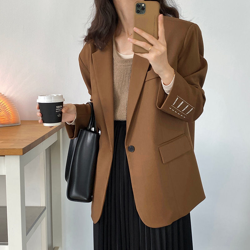 刺绣设计感西装外套女2022春秋新高级感休闲洋气炸街棕咖啡色西服