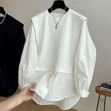 特大码300斤欧货设计感拼接长袖衬衫男女假两件春秋小众情侣上衣