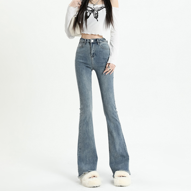  New Spring Jeans Female Gray Bleached Raw Edges Design Slimming Stretch Slim Fit Bell-Bottom Pants Trendy Mop