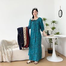夏季棉绸五分袖宽松连衣裙加肥大码一字领休闲长裙时尚口袋碎花裙