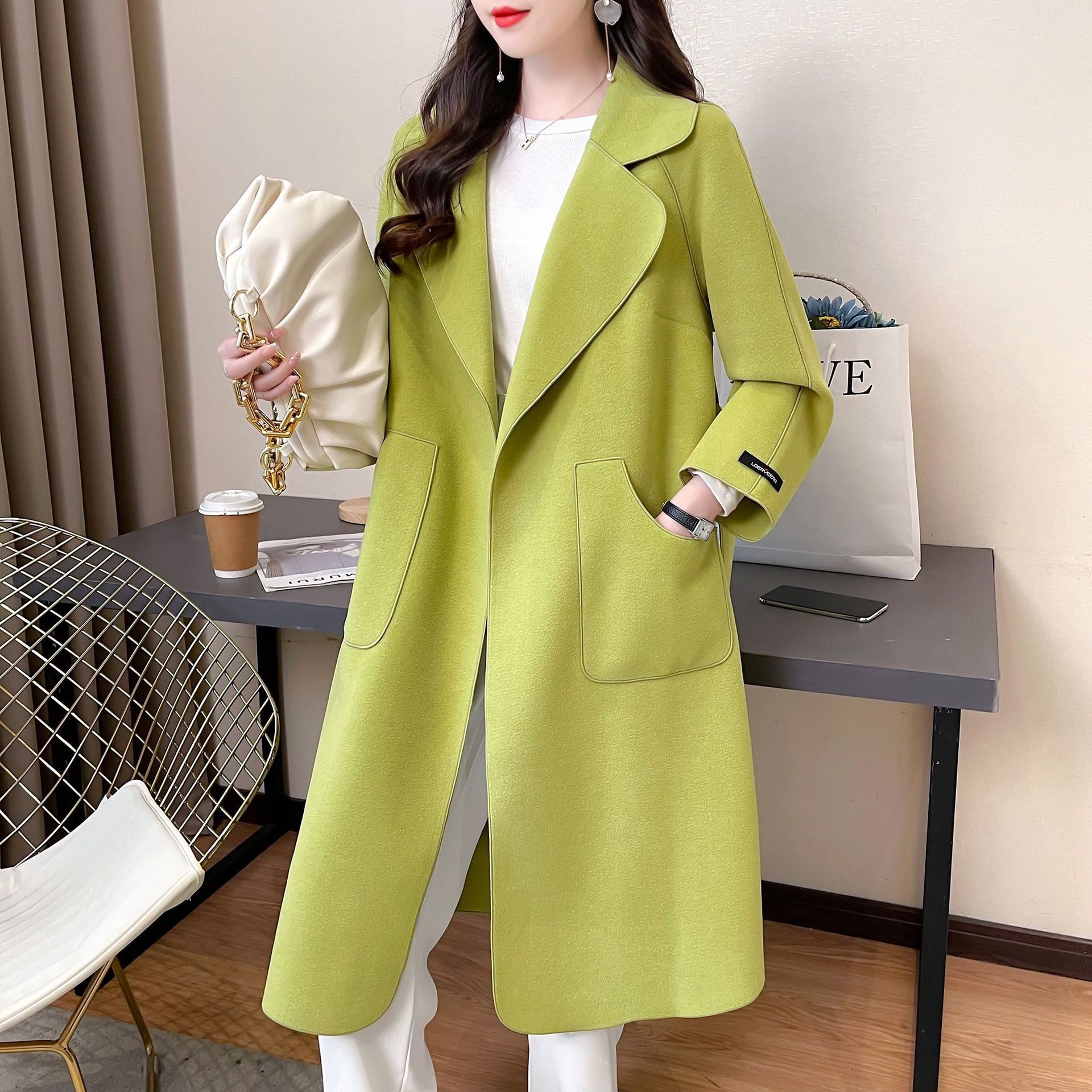 2023秋冬季新款双面绒毛呢大衣女系带中长款韩版宽松时尚显瘦外套