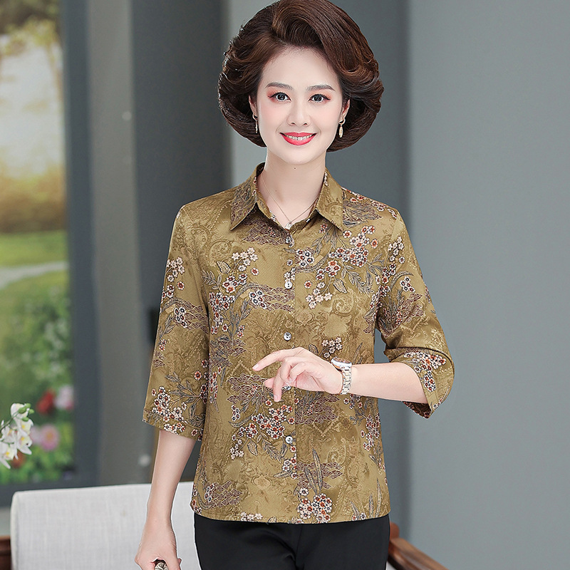 Mom's New Middle-Aged and Elderly Top Summer Women's Casual Loose Wide Lady Western Style 4050-Year-Old Printed Shirt Women