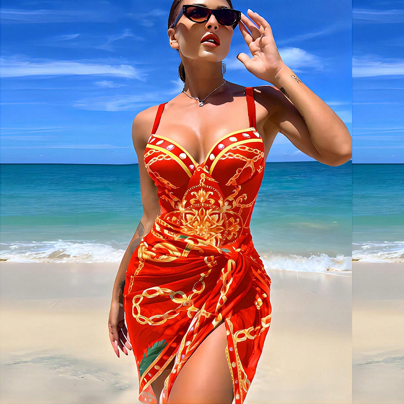 2024 European and American New One-Piece Swimsuit Women's Sexy Beauty Back Printed Bikini Two-Piece Blouse Foreign Trade Bikini