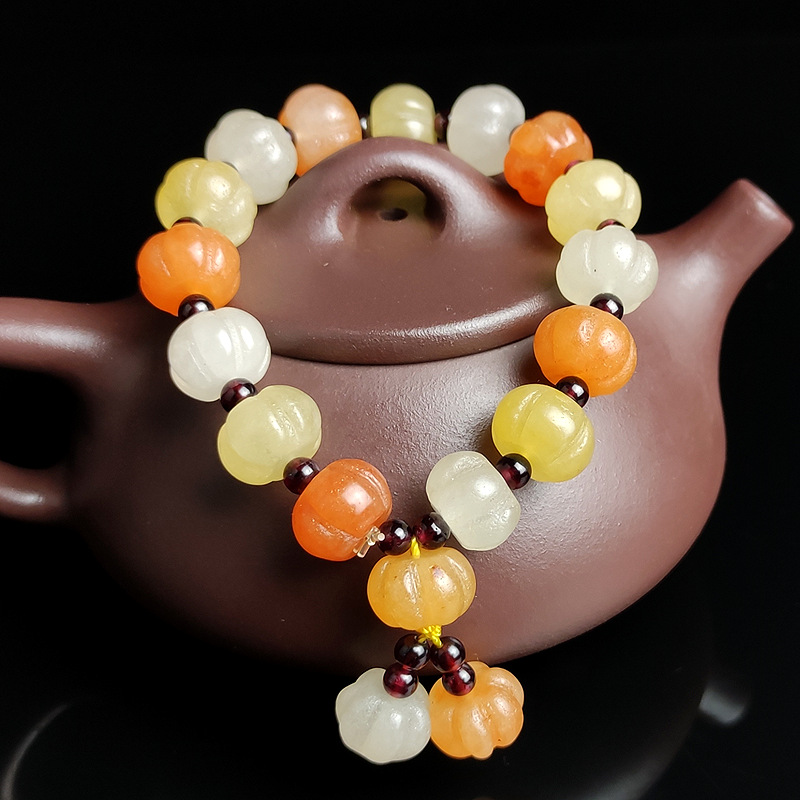 新疆戈壁玉多彩玉手串金丝玉南瓜玉手链雕刻多子多福玉石手串手链