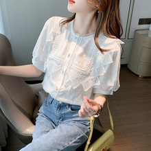 法式甜美风白色领衬衫夏季新款设计感小众衬衣气质短袖上衣批发