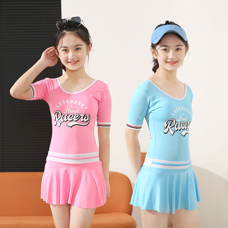 女童泳衣女大童短袖连体泳装914岁女孩保守游泳衣温泉儿童22新款