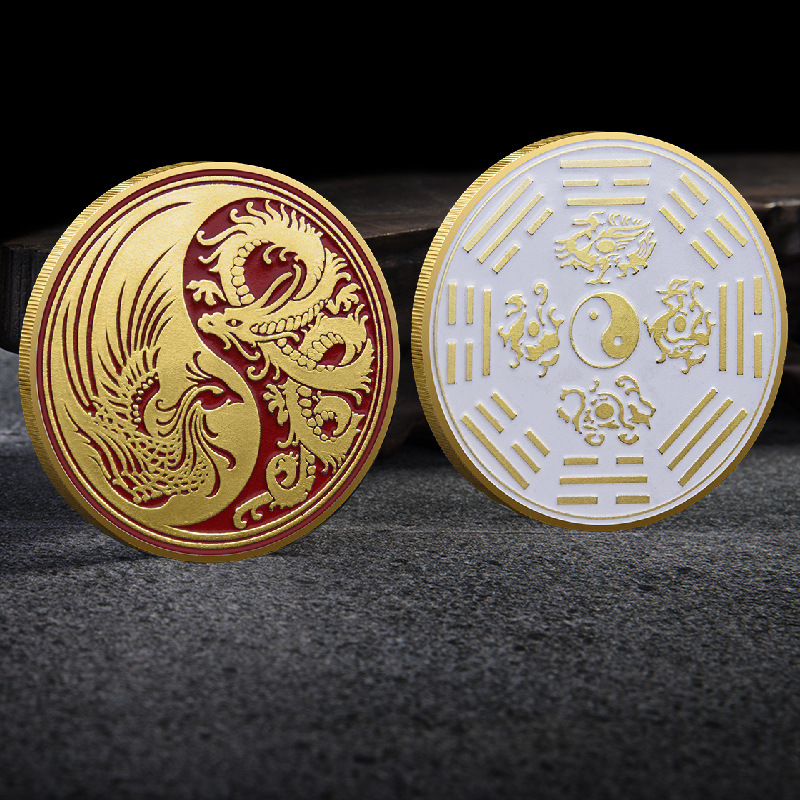 跨境供商阴阳龙凤纪念章太极币立体浮雕烤漆纪念币中国风金属徽章