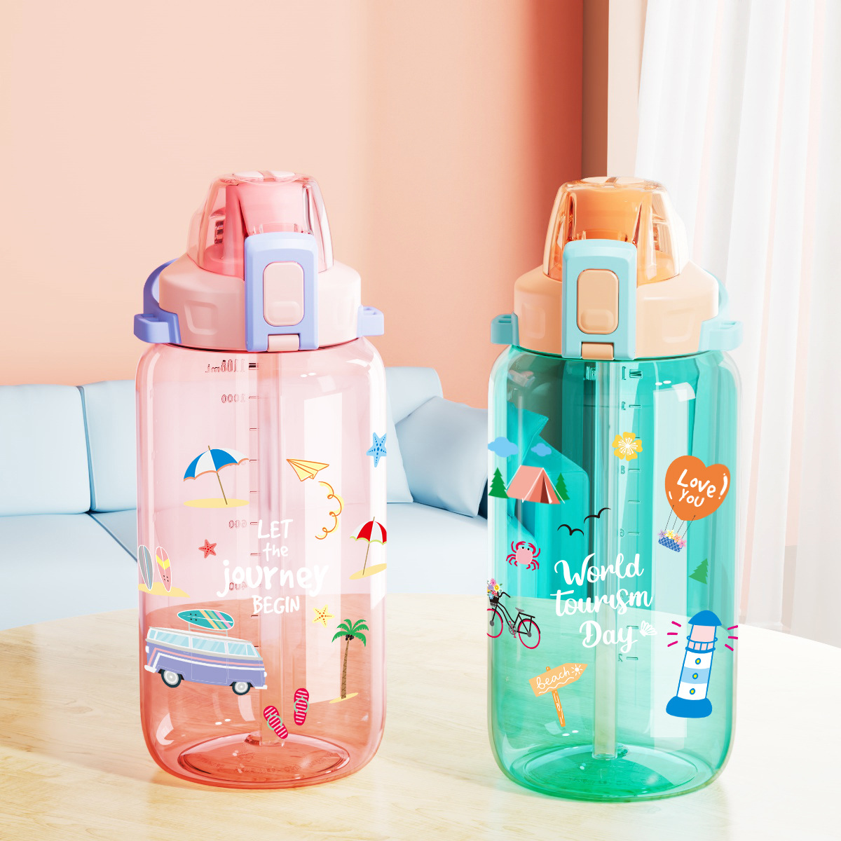 水杯夏季大容量男女学生直饮杯水壶双饮杯便携户外运动塑料杯子