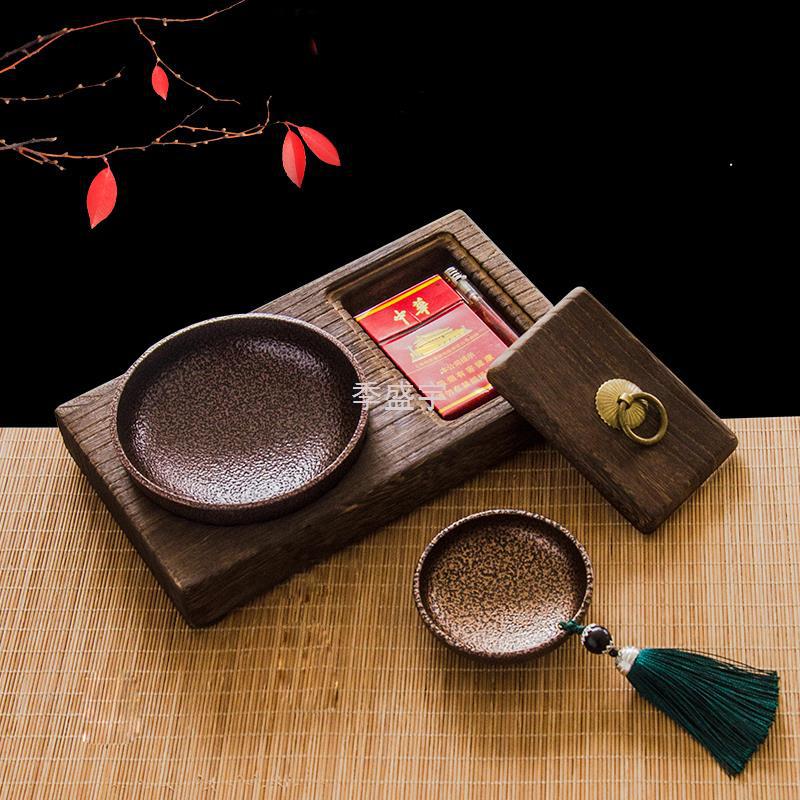 j櫅1实木复古烟灰缸创意大号带盖个性中式摆件潮流家用客厅装饰品