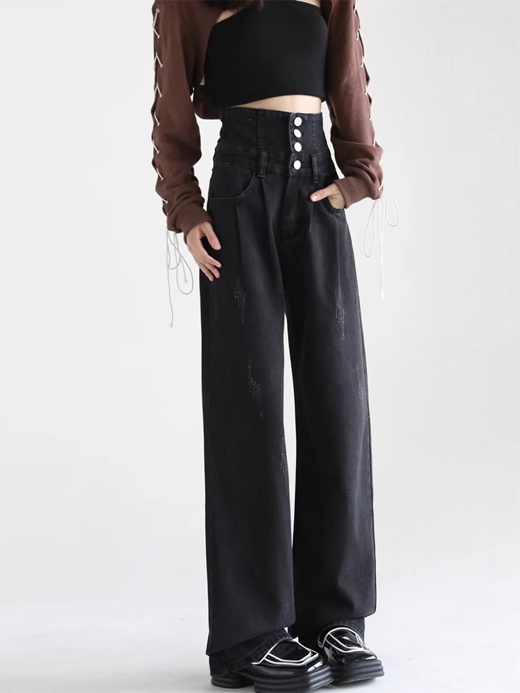 Black Wide-Leg Jeans for Women 2023 Early Spring New High Waist Loose and Slimming Drape Mop Pants Tide