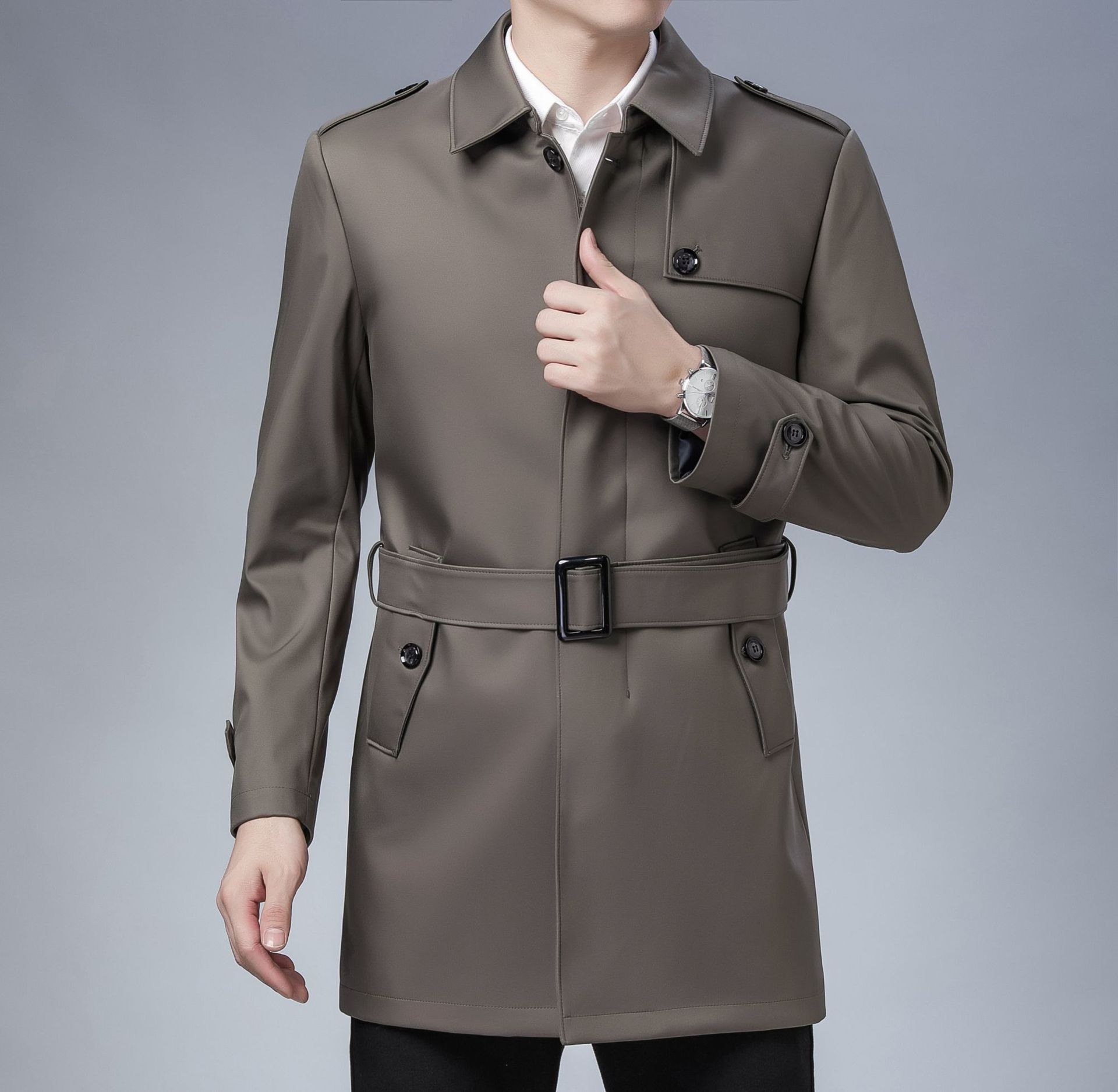 2021春季新款夹克衫男士中青年风衣中长款商务休闲茄克翻领外套潮