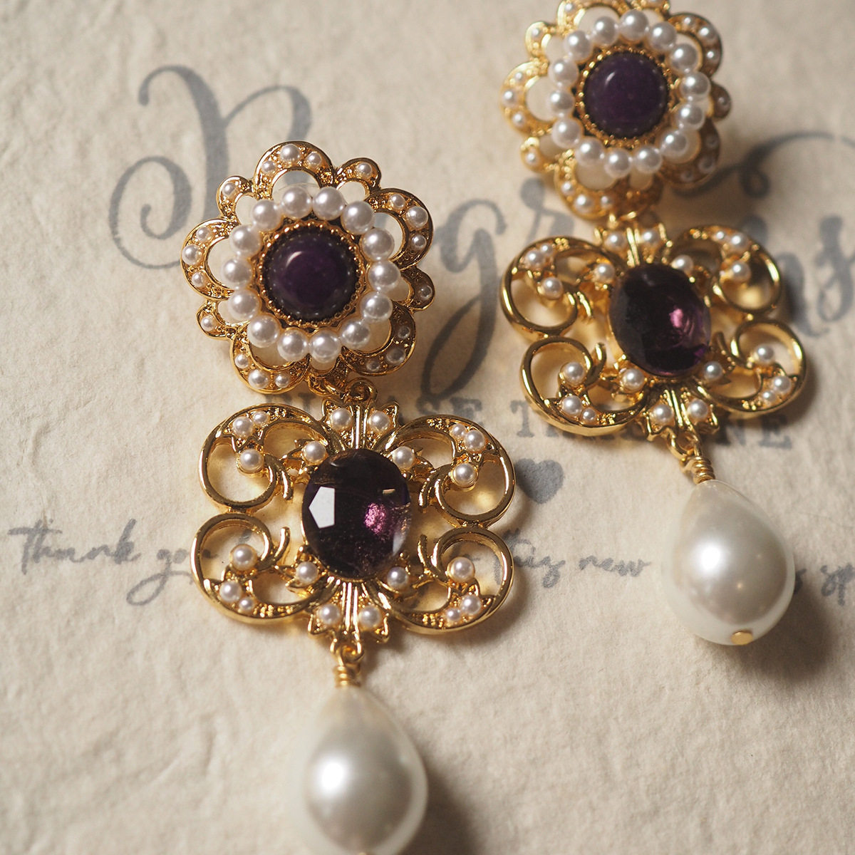 巴洛克宫廷风vintage意大利佛罗伦萨老奶奶紫水晶珍珠吊坠耳环