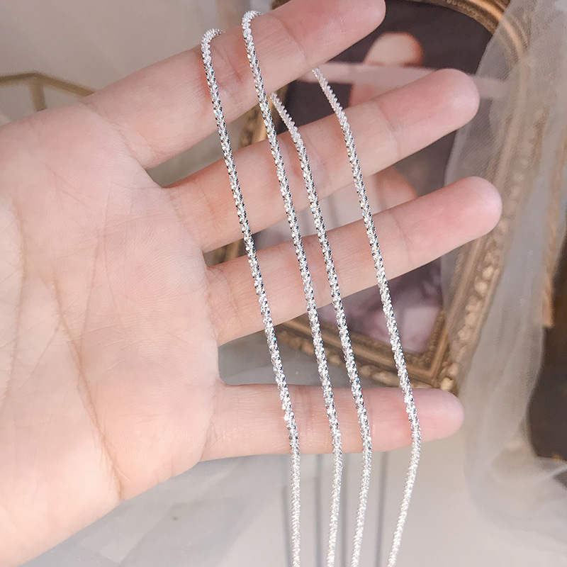 超闪白银色~波光粼粼 意大利闪光素链裸链通体 银s925项链 锁骨链