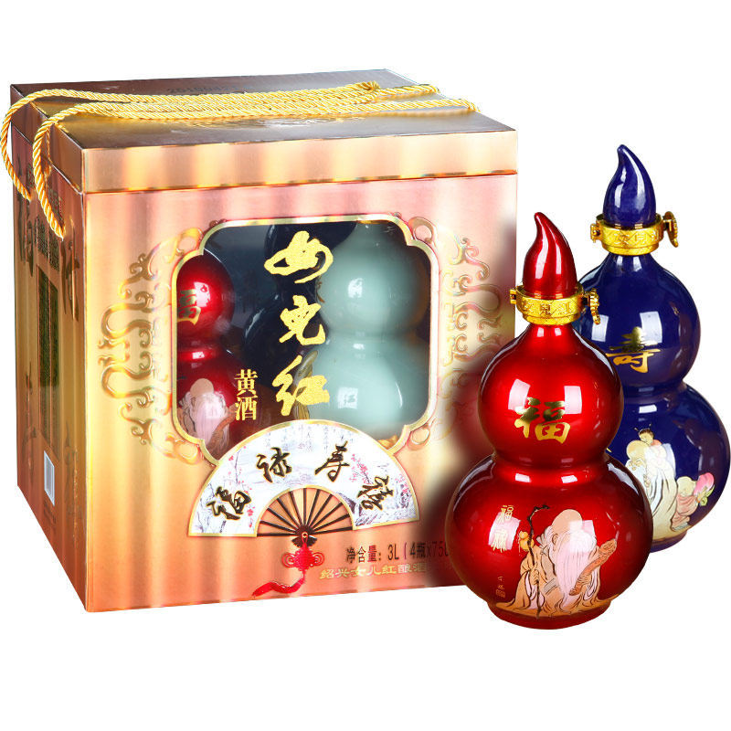 绍兴花雕酒青瓷彩葫芦瓶女儿红750ml*4福禄寿喜礼盒过节送礼黄酒