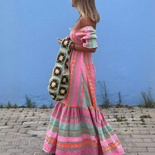 跨境欧美女式 几何色块波西米亚休闲度假褶饰拼布半袖方领连衣裙