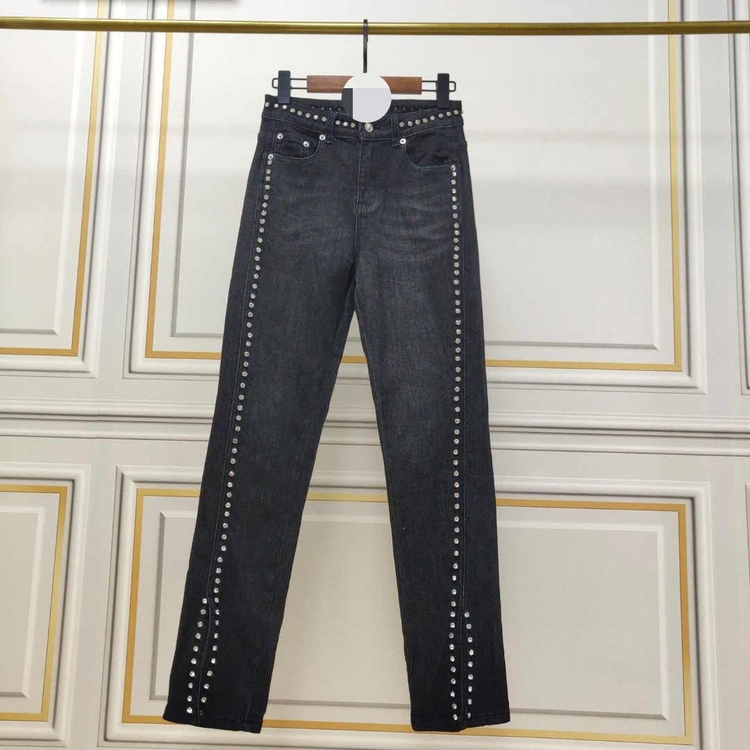 2022早春新款 摩登时尚 高腰设计钉钻点缀裤脚开叉高弹牛仔裤批发