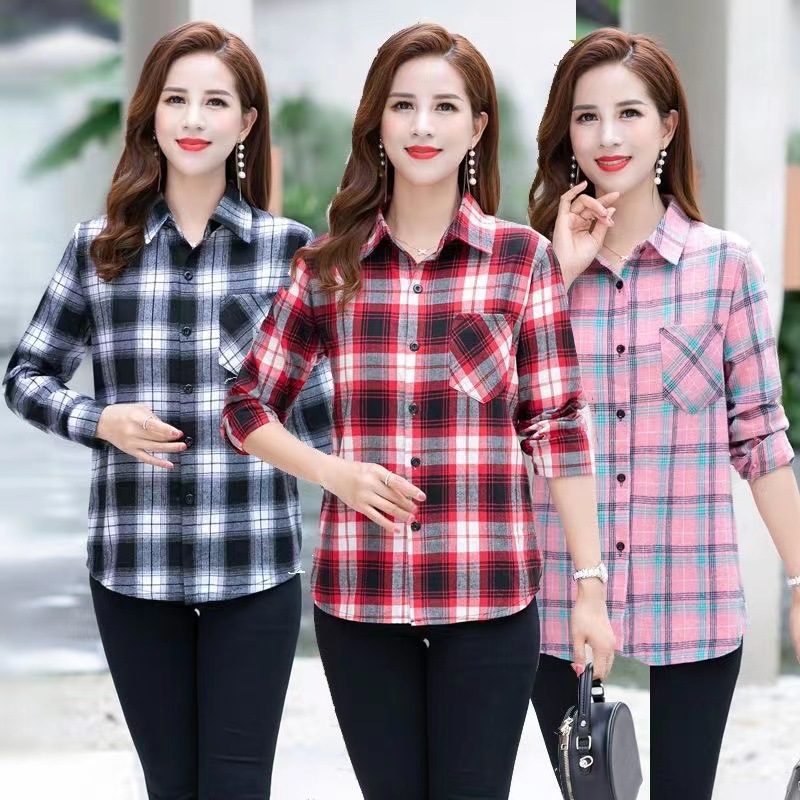 Spring Plaid Shirt Women's Shirt Brushed Plaid Shirt Women's Long Sleeve Korean Style Slimming Korean Style Spring Top