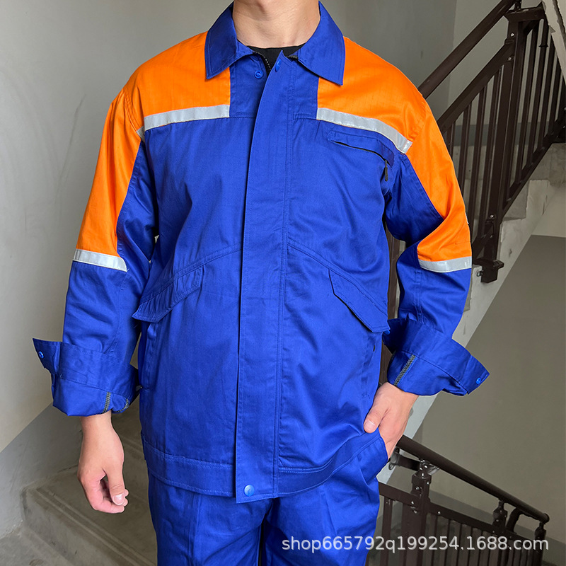 夏纯棉防静电工作服套装男女反光条长短袖工厂送气电工电力劳保服