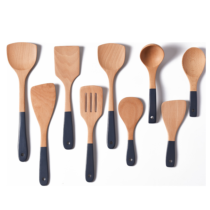 Wooden Spatula Wholesale Beech Long-Handle Spatula New Non-Stick Pan Wooden Turner Meal Spoon Wooden Spoon Handle Gray Set