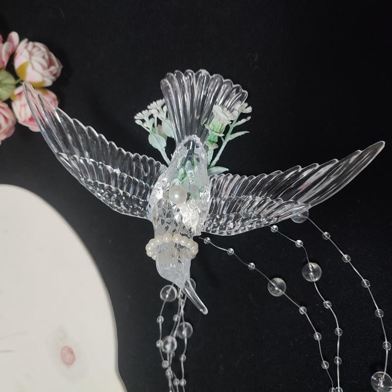唐朝清冷古风发钗汉服配饰发饰仙透明喜鹊飞鸟发饰流苏发簪夹冠