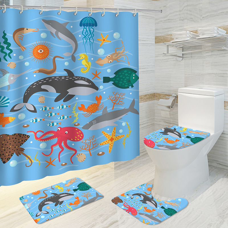 Nordic Instagram Style Shower Curtain Four-Piece Cartoon Marine Animal Digital Printing Amazon Hot Sale Bathroom Curtain Full Set